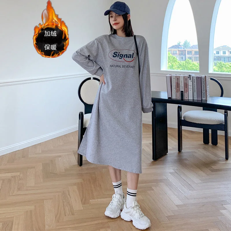 NiDELL Autumn and Winter BF Style Letter Printing Sweater Dress Women's Large Size Plump Girls Flab Hiding round Neck Super Long below the Knee Long Dress