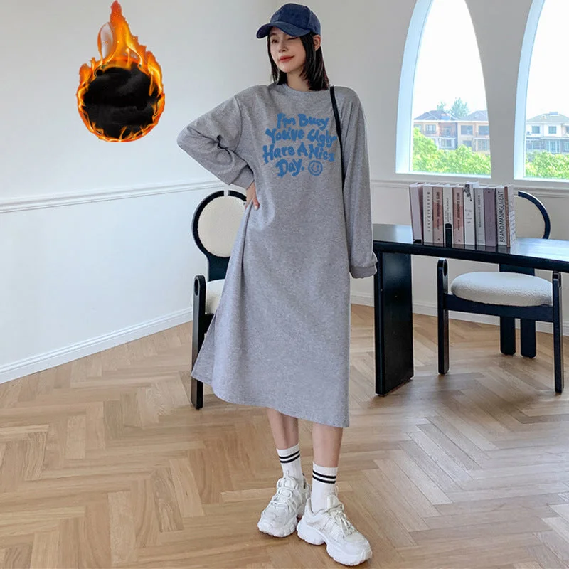 NiDELL Autumn and Winter Fleece-Lined Internet Celebrity Sweatshirt Women's Thermal Long T-shirt Skirt over-the-Knee Dress Western Style Student Korean Ins Fashion