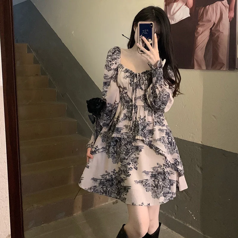 NiDELL . Autumn and Winter Korean Style French Style Retro Long Sleeve Dress Design Sense Niche Elastic Cuff Floral Fairy Dress