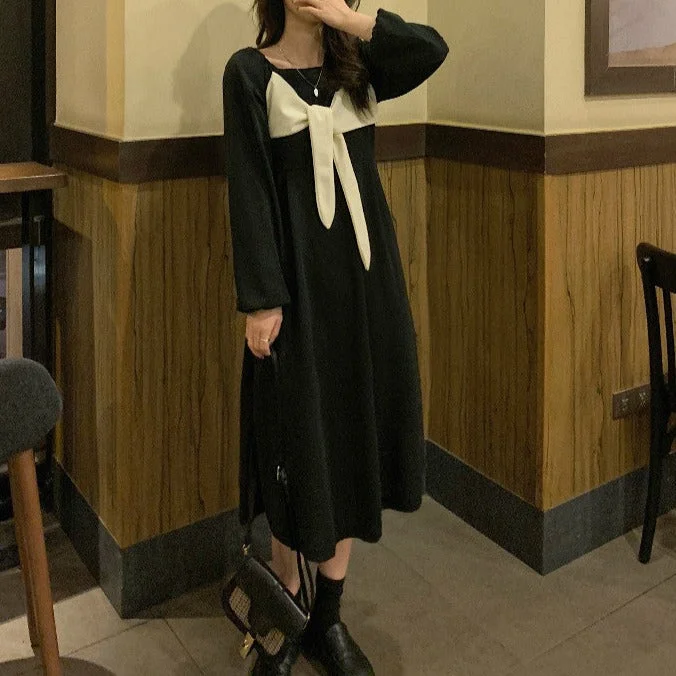 NiDELL . Autumn and Winter New Korean Style Graceful and Fashionable Square Collar Bow Dress Women's Ins Trendy Mid-Length Dress