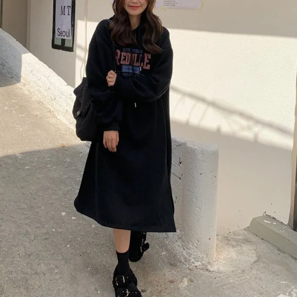 NiDELL . Autumn and Winter New Korean Style Slit Hemline at Hem Letters Printing plus Velvet Thick Sweater Dress Loose Dress Fashion