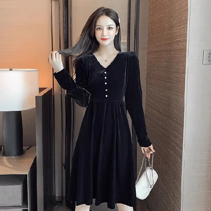 NiDELL Autumn . New Elegant Slim-Looking Long-Sleeved Base Shirt Dress Women's Gold Velvet Retro Hepburn Style Little Black Dress