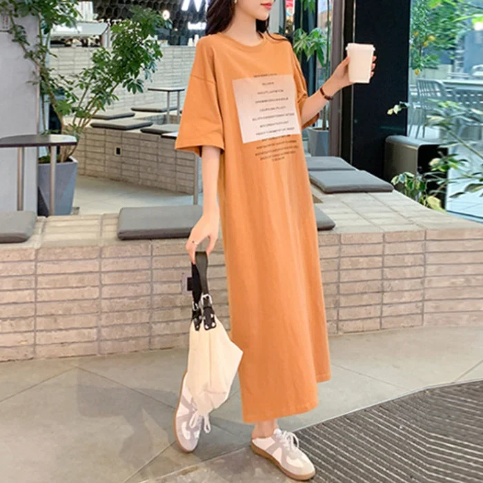 NiDELL Cotton Casual Summer Long T-shirt Skirt over the Knee Women's Casual Loose plus Size Slit Lazy Dress Long Skirt Fashion