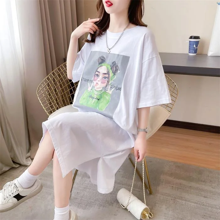 NiDELL . Cotton Short-Sleeved Dress Loose Casual Overknee T-shirt Skirt Simple Mid-Length Dress Women's Slimming Summer