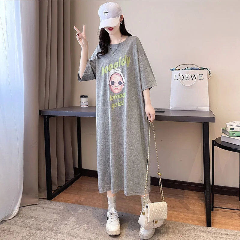 NiDELL . Cotton Summer Women's Printing T-shirt Dress Women's Loose Thin over the Knee Long Lazy Skirt Trend