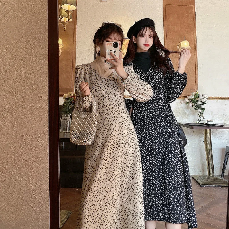 NiDELL Fall/Winter . French Style False Two-Piece Patchwork Turtleneck Waist Slimming Floral Print Long Sleeve Dress Elegant Long Dress