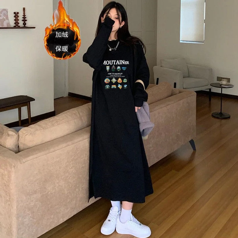 NiDELL Fleece-Lined Warm Korean Style Pullover Dress Autumn and Winter Long T-shirt Skirt over-the-Knee Dress Female Online Influencer Fashionable Ins for Students