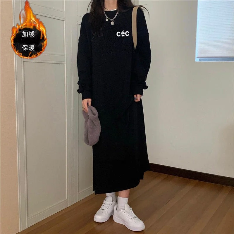 NiDELL Fleece Thermal Hoodie Women's Autumn and Winter Long T-shirt Skirt over-the-Knee Dress Western Style Student Korean Internet Celebrity Ins Fashion