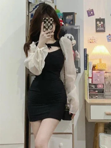 NiDELL French Hepburn Style Hot Girl Black Dress Women's Autumn Design Chic Hollow Sexy Tight Waist Hip Skirt