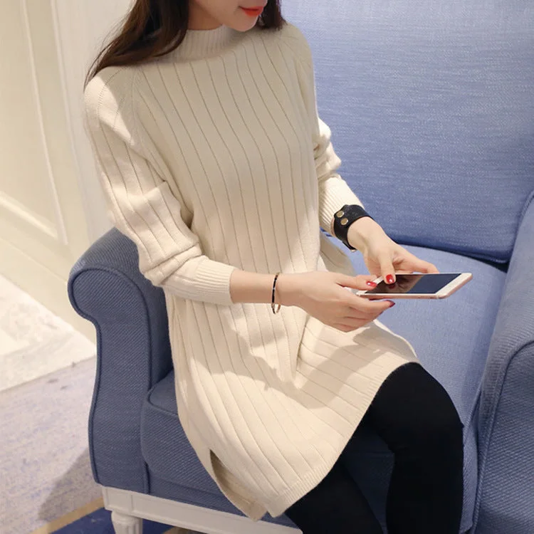 NiDELL Korean Style Autumn and Winter New Women's Clothing . Mid-Length Half Turtleneck Pullover Striped Sweater Knitted Bottoming Sweater Women