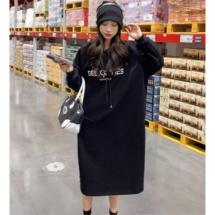 NiDELL Korean Style New Large Size Women's Clothing with Pockets Winter Fleece-Lined Korean Style Sweater Dress Split Hooded Dress Double Hood