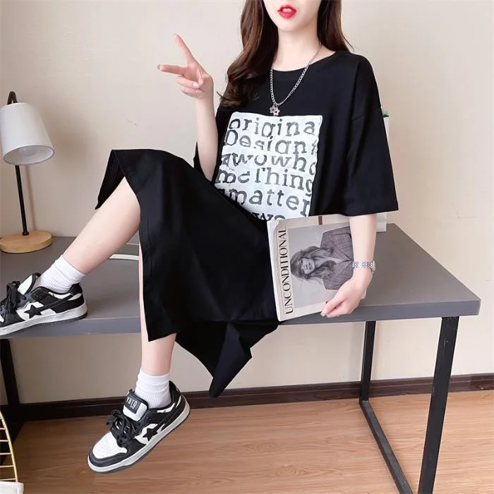 NiDELL Pure Cottom Long T-shirt Dress Women's Summer Short Sleeve Loose Sloth Dress Korean Style Casual High-Grade Dress to Ankle