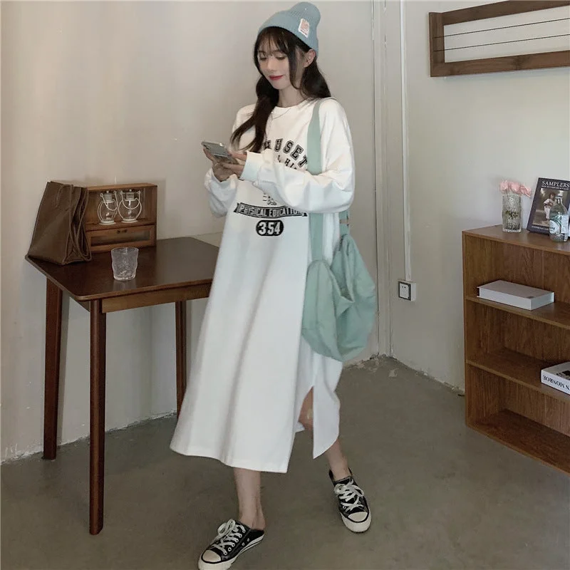 NiDELL . Spring and Autumn New Korean Style Letter Print round Neck Mid-Length Sweater Dress Loose Oversized Long Sleeves Dress