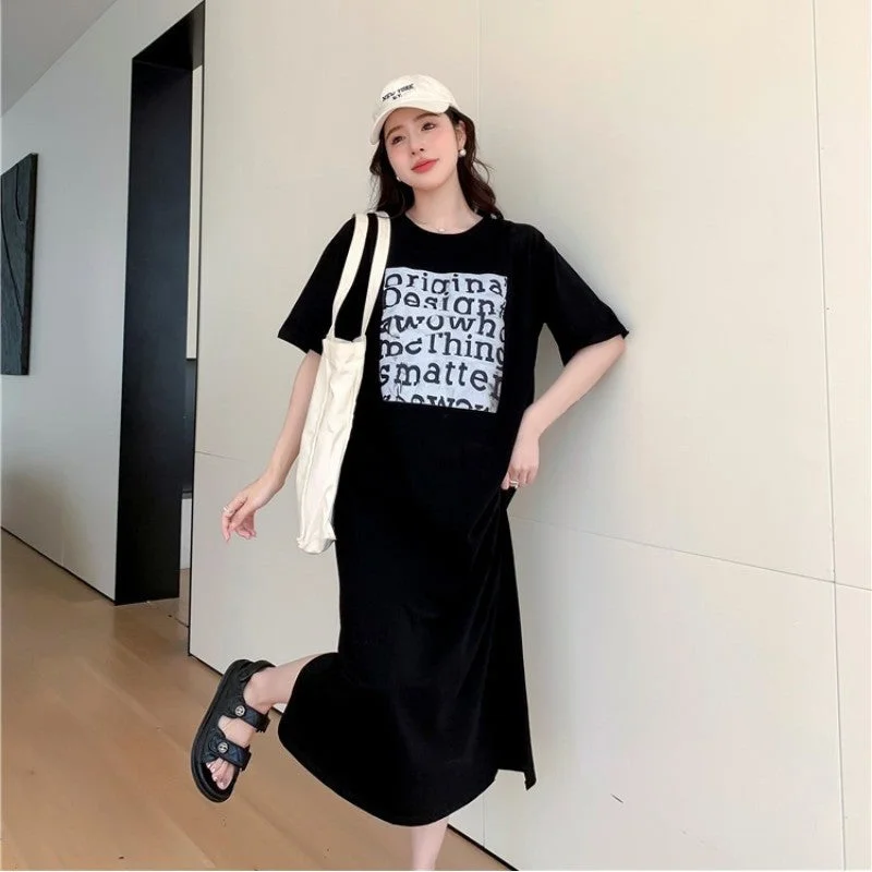 NiDELL Women's Short-Sleeved Design Dress Korean-Style Summer Casual Temperament Slimming Cotton Letter Print T-shirt Long Dress