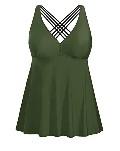 Plus Size V Neck Tankini Top Padded Bras For Women-Army Green